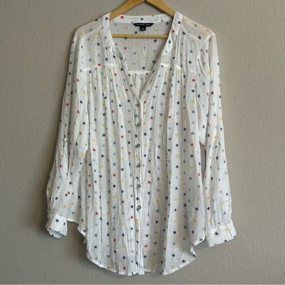 Zac & Rachel White Star Print Button Blouse 1X | Kidcore Cottage core Top - Picture 1 of 8
